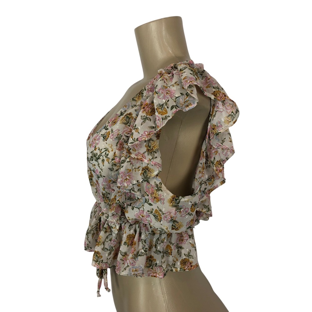 Fashion Nova Floral Print Ruffle Wrap Crop Top Size S Cream V-Neck Coquette Y2K - Picture 4 of 8